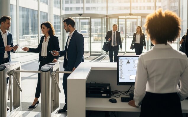 Moderne Büro Zutrittskontrolle mit Drehkreuz und Empfang 