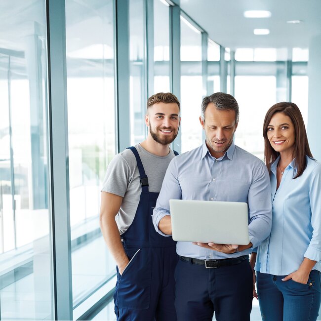 Drei Personen im Büro mit Laptop Team arbeitet gemeinsam am Laptop