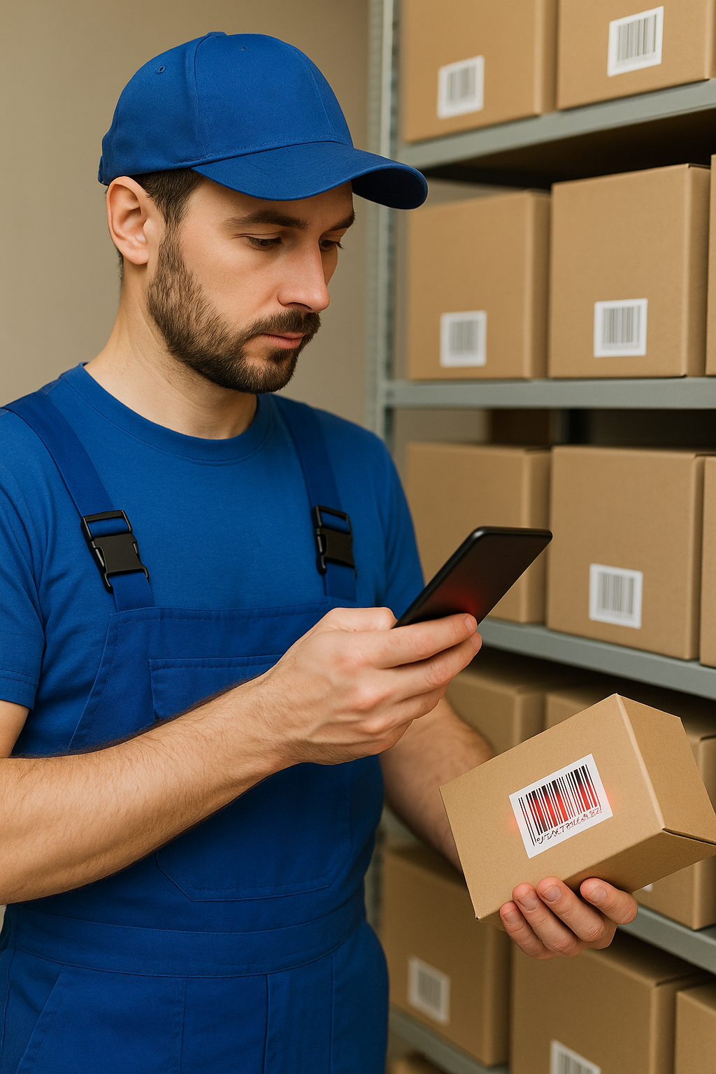 Lagermitarbeiter scannt Paketbarcode mit Smartphone