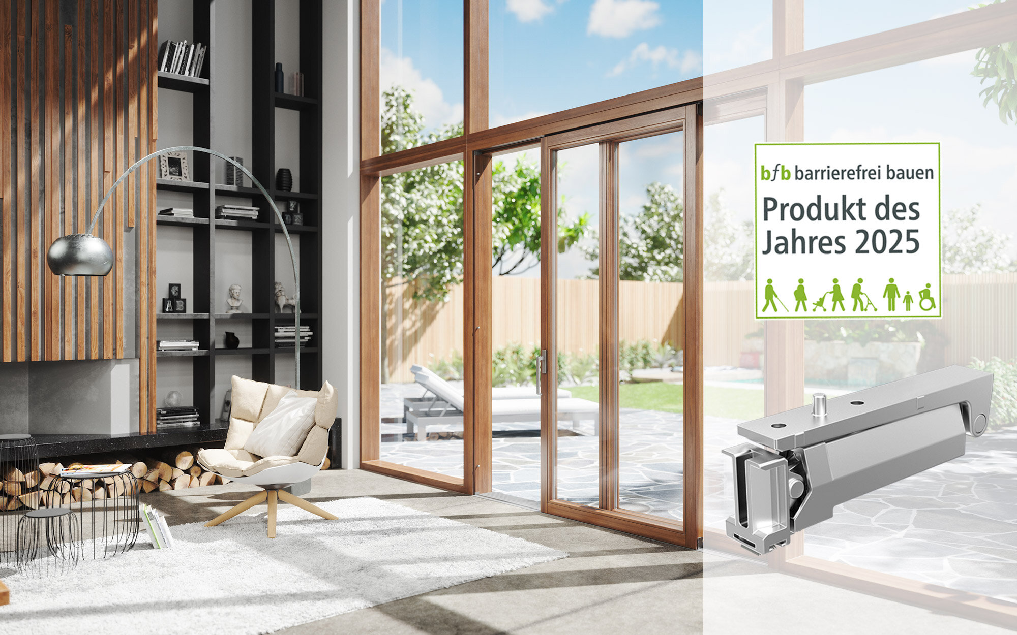 Moderner Wohnraum mit großer Holz-Hebeschiebetür Moderner Wohnraum mit großer Hebeschiebetür aus Holz und Gartenblick