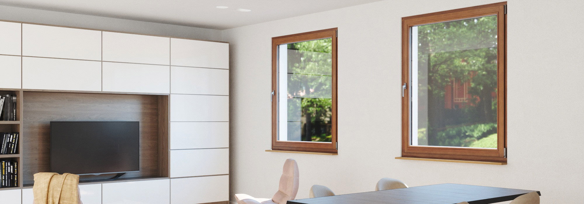 Modernes Wohnzimmer mit Holzfenstern und minimalistischer Möbelwand