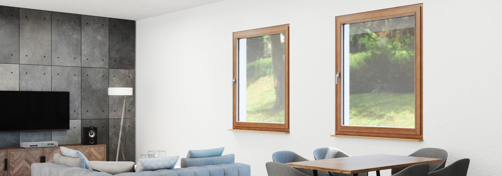 Modernes Wohnzimmer mit Essbereich und großen Holzfenstern