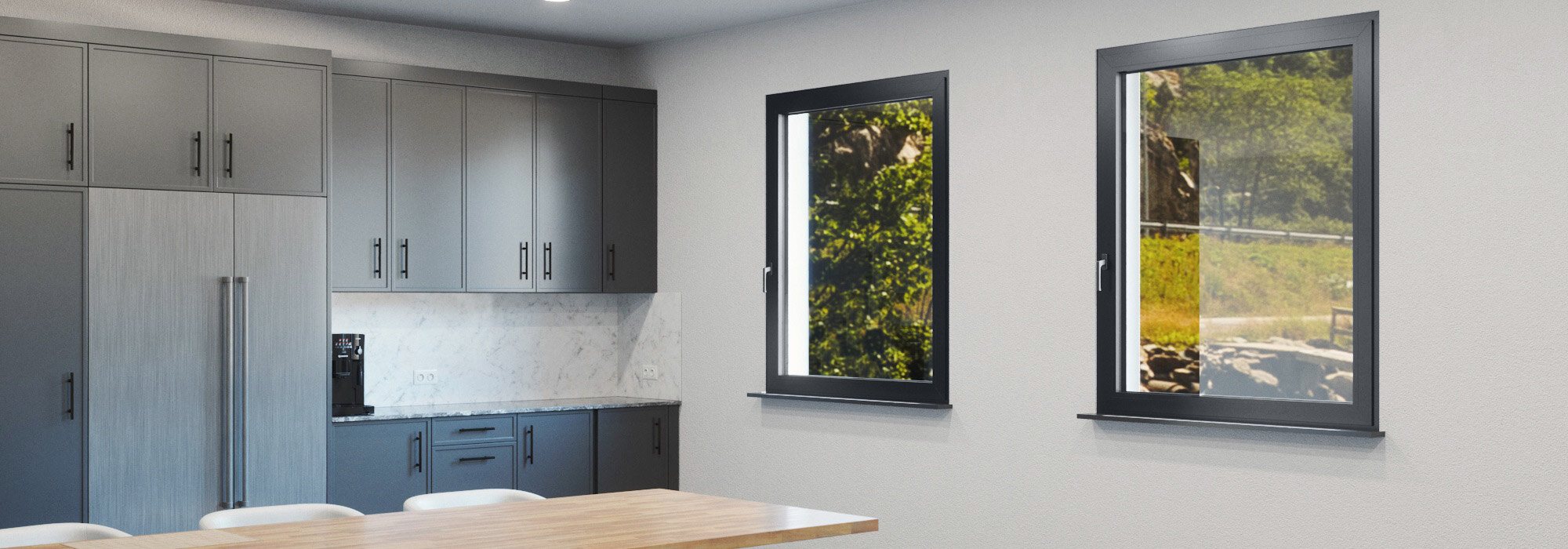 Moderne Küche mit Essbereich und großen Aluminiumfenstern