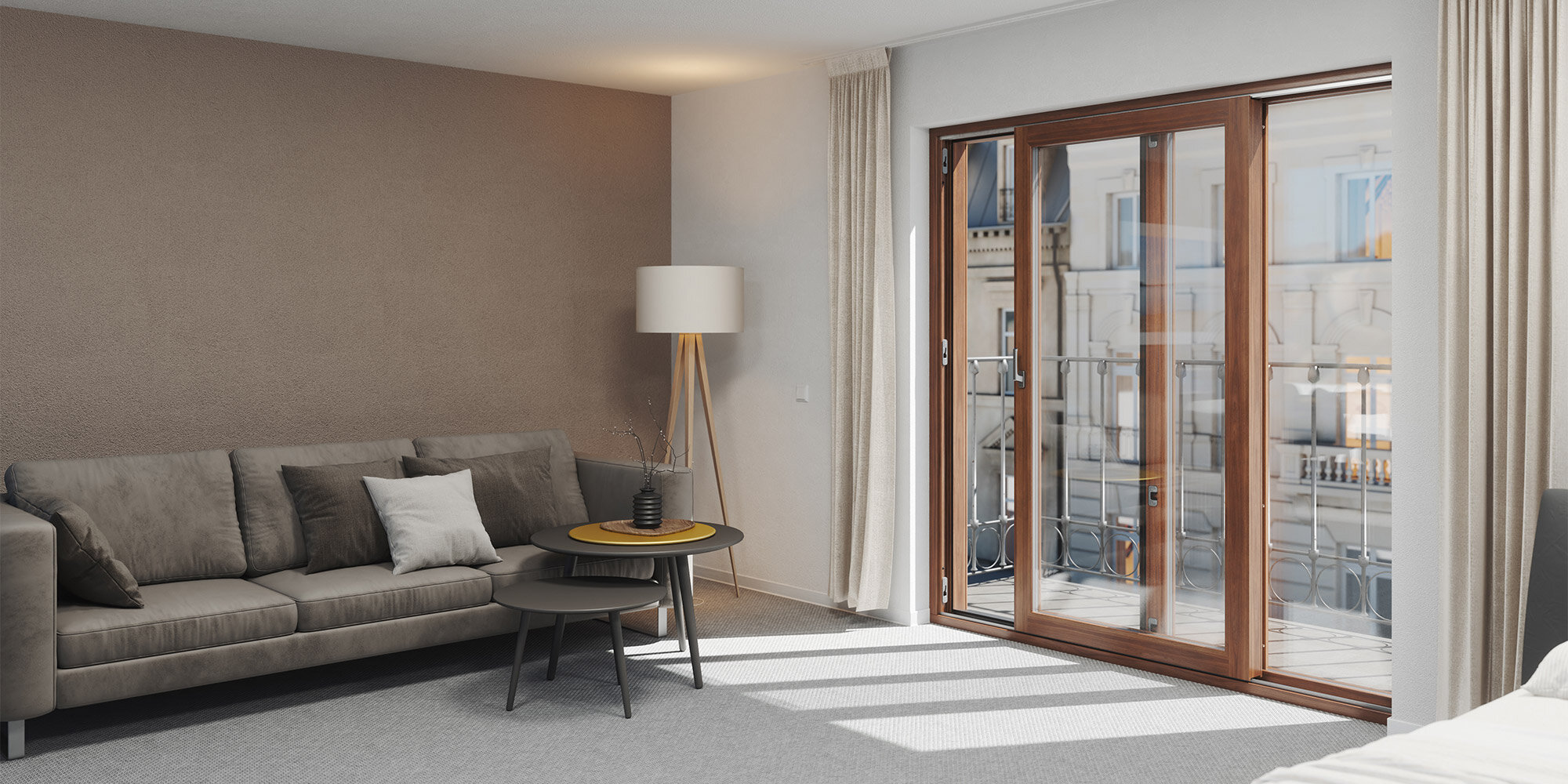 Hotelzimmer mit Parallelschiebeleicht-Element aus Holz, Schiebeflügel geöffnet