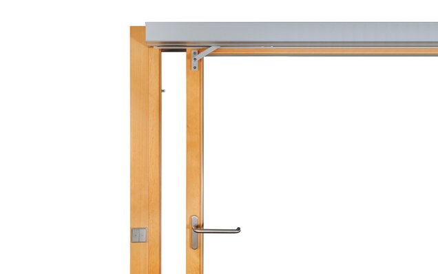 Hebeschiebe-Element HS Master HS Master an einem Hebeschiebe-Element aus Holz, Schiebeflügel geöffnet