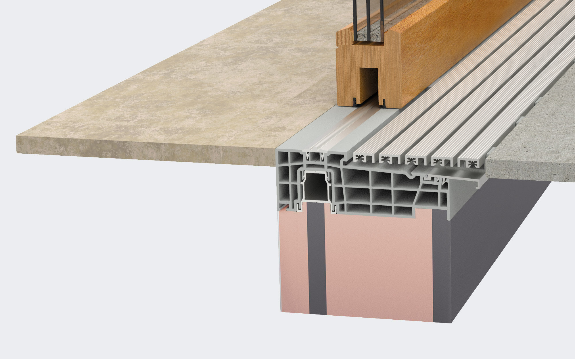 Querschnitt Hebeschiebe-Element aus Holz mit bodenbündiger Bodenschwelle und Unterbauprofil KVM