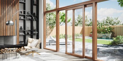 Modernes Wohnzimmer mit Hebeschiebe-Element und gemütlicher Leseecke