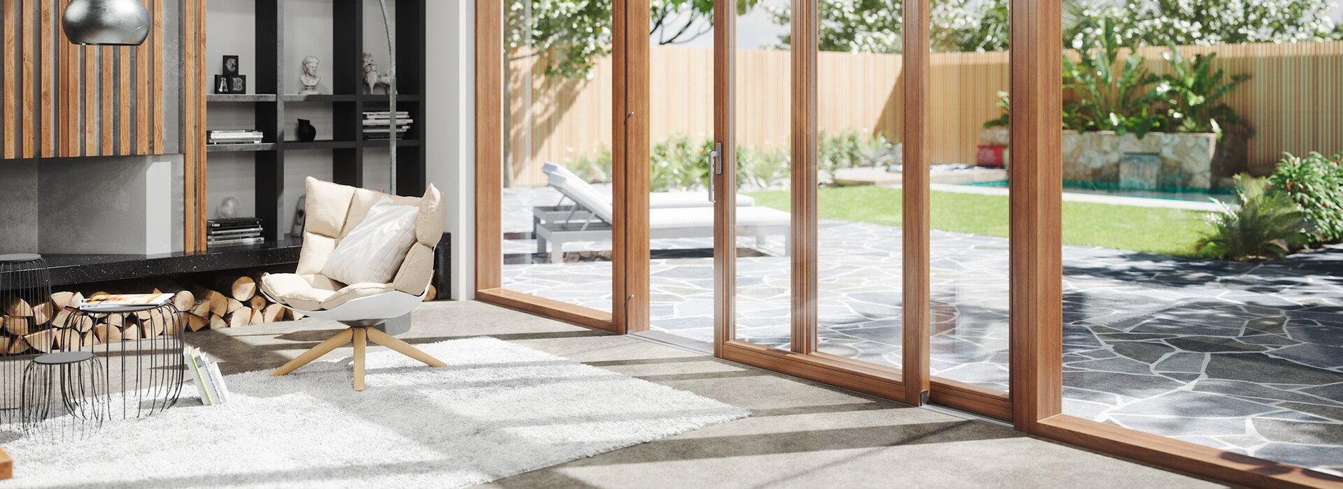 Moderner Wohnraum mit großer Hebeschiebetür aus Holz und Gartenblick