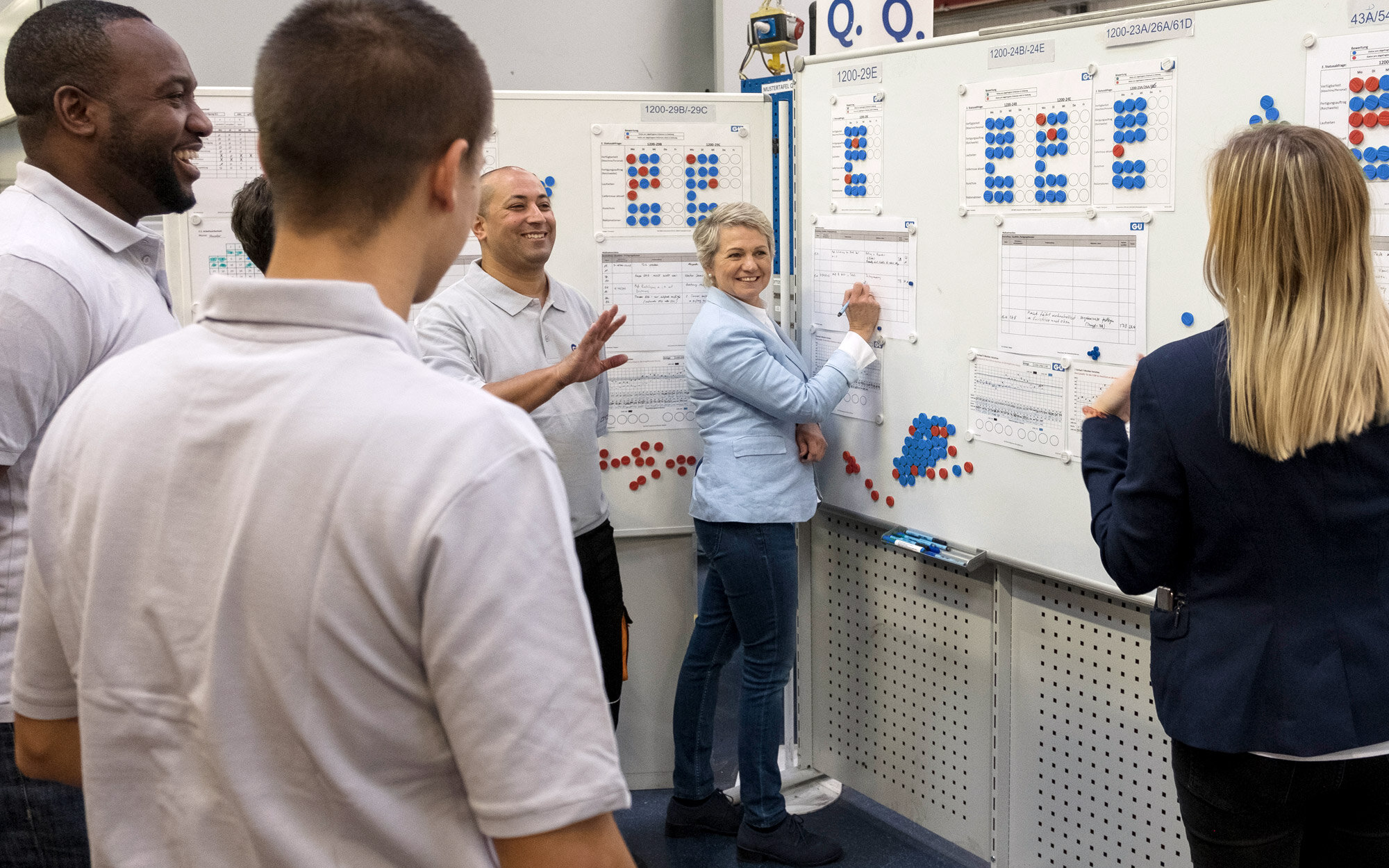 Teammeeting mit Analyse und Planung an Übersichtsboards