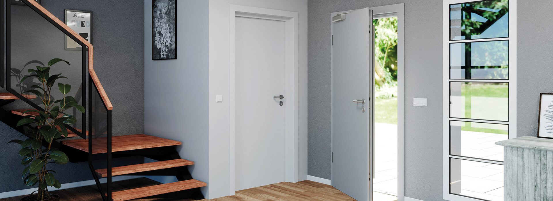 Moderner Eingangsbereich mit Holztreppe, weißer Tür und großem Fenster für natürliches Licht