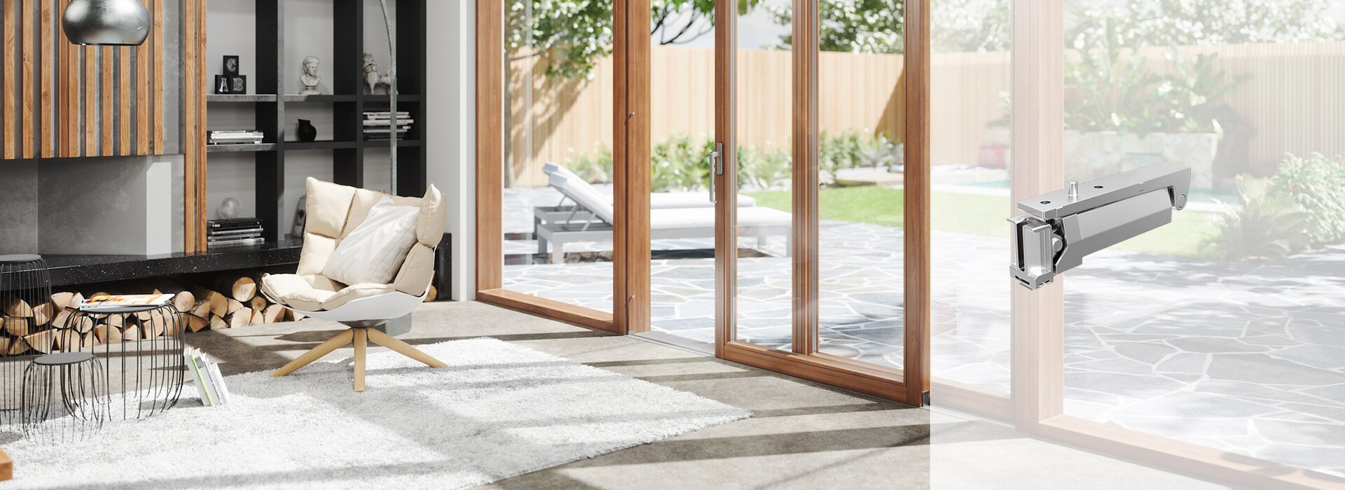 Modernes Wohnzimmer mit Hebeschiebe-Element und gemütlicher Leseecke