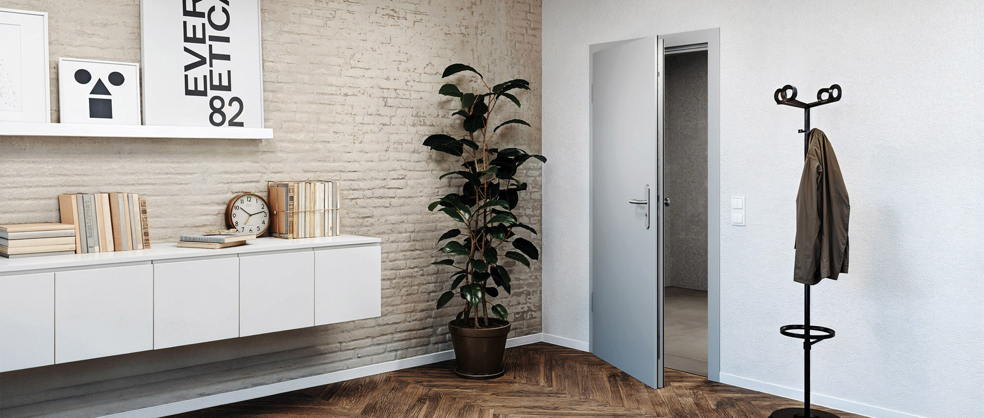 Wohnungseingangstür aus Kunststoff mit Verschlusssystem GU SECURY MR2, Tür geöffnet