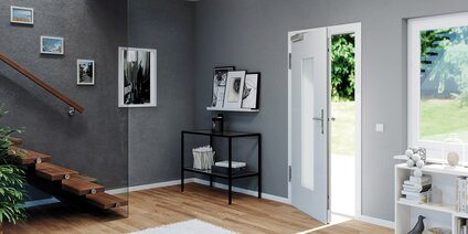 Hauseingangstür aus Kunststoff mit Verschlusssystem GU SECURY Automatic, Tür geöffnet