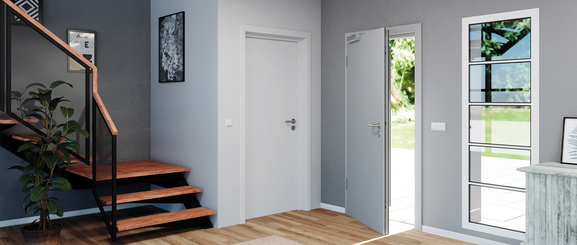Moderner Eingangsbereich mit Holztreppe, weißer Tür und großem Fenster für natürliches Licht