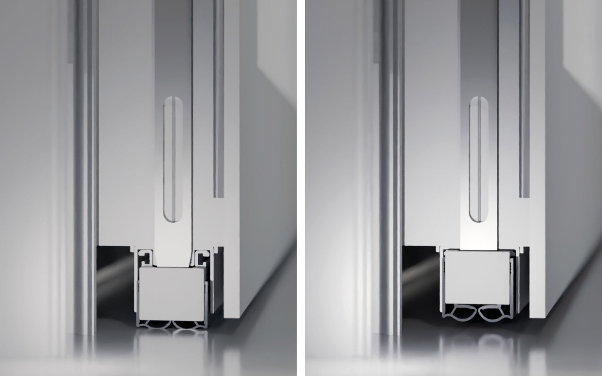 Automatische Bodendichtung GU SECURY Automatic-FS Darstellung der automatische Bodendichtung GU SECURY Automatic-FS in den Positonen AUF und ZU am Querschnitt eines Türprofils