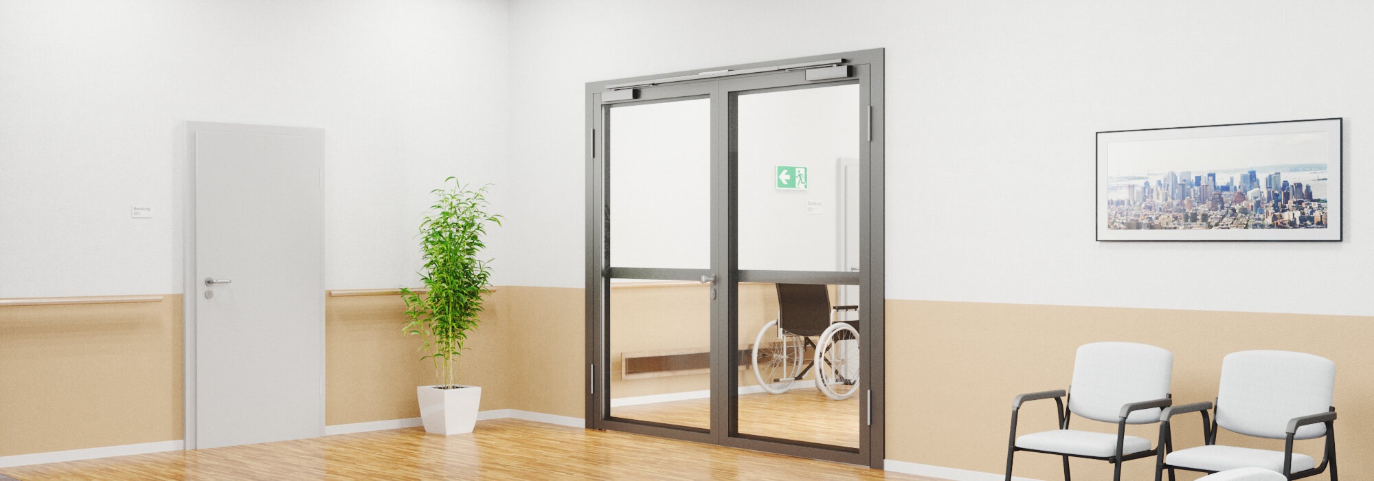 Krankenhausflur mit zweiflügeliger, geschlossener Rohrrahmentür mit Türschließer OTS 73x FL