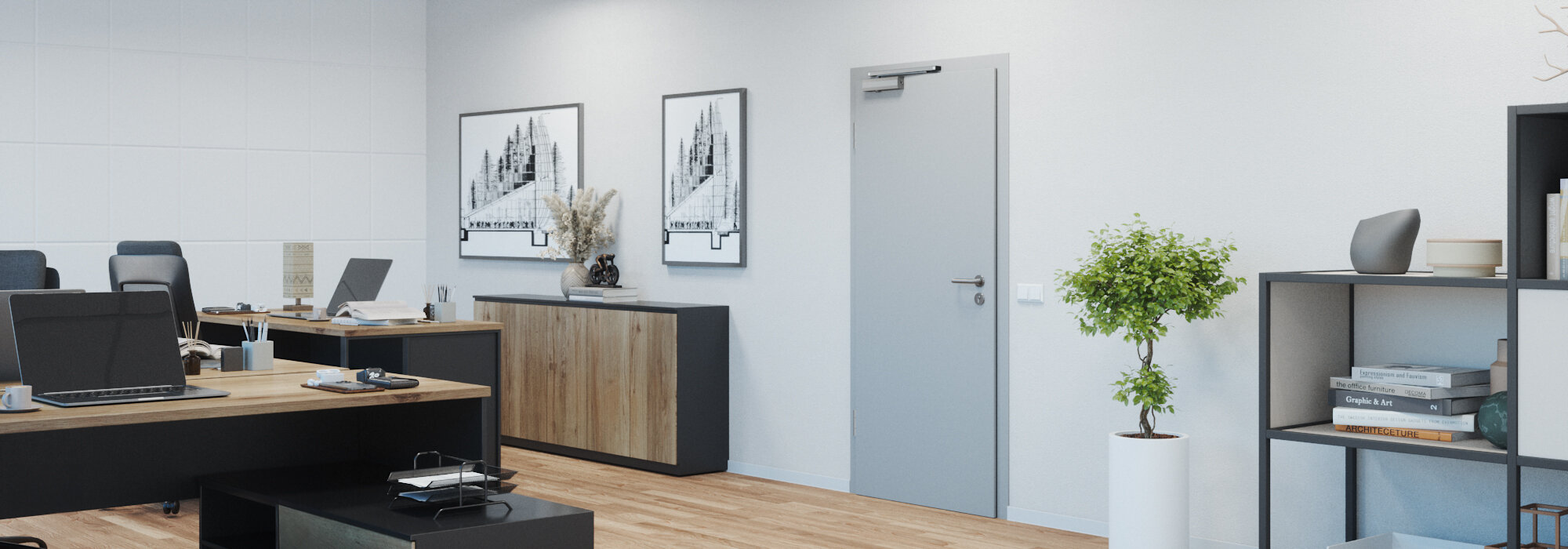 Modernes Büro mit einflügeliger, geschlossener Bürozimmertür mit Türschließer OTS 430 G