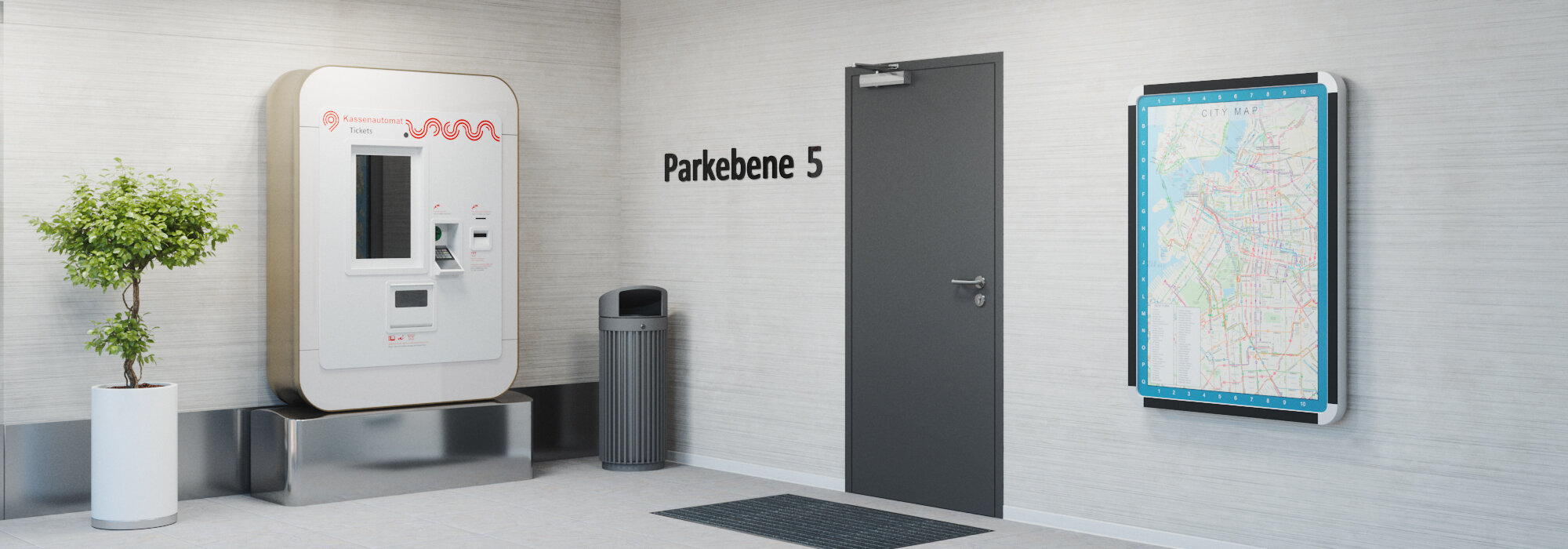 Parkebene 5 einer Tiefgarage mit einflügeliger, geschlossener Tür mit Türschließer OTS 536