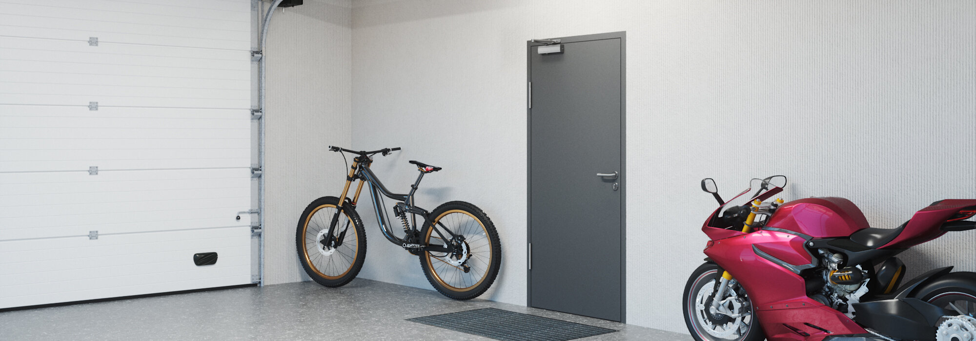 Moderne, helle Garage mit einflügeliger, geschlossener Tür mit Türschließer OTS 430