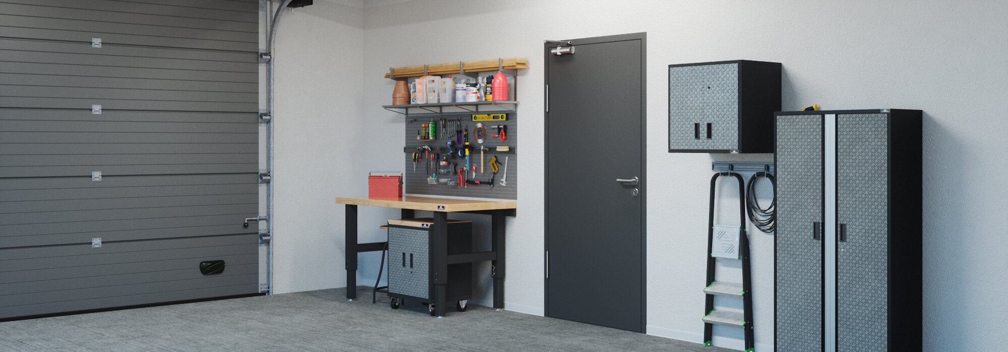Werkstatt in einer modernen, hellen Garage mit einflügeliger, geschlossener Tür mit Türschließer OTS 134