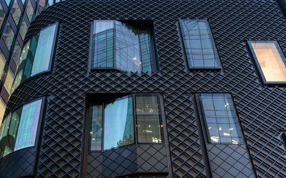 Schwarze Fassade mit Fenster und Gitter