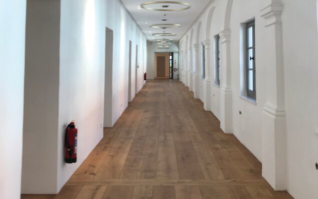 Heller Flur mit Holzboden und Fenstern