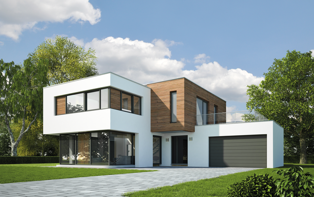 Modernes zweistöckiges Einfamilienhaus mit weißem Putz, Holzfassade und großzügiger Garage unter blauem Himmel