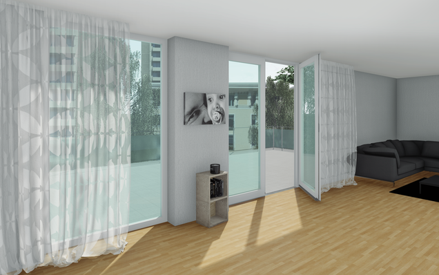 Offene Balkontür in modernem Wohnzimmer mit Holzfußboden