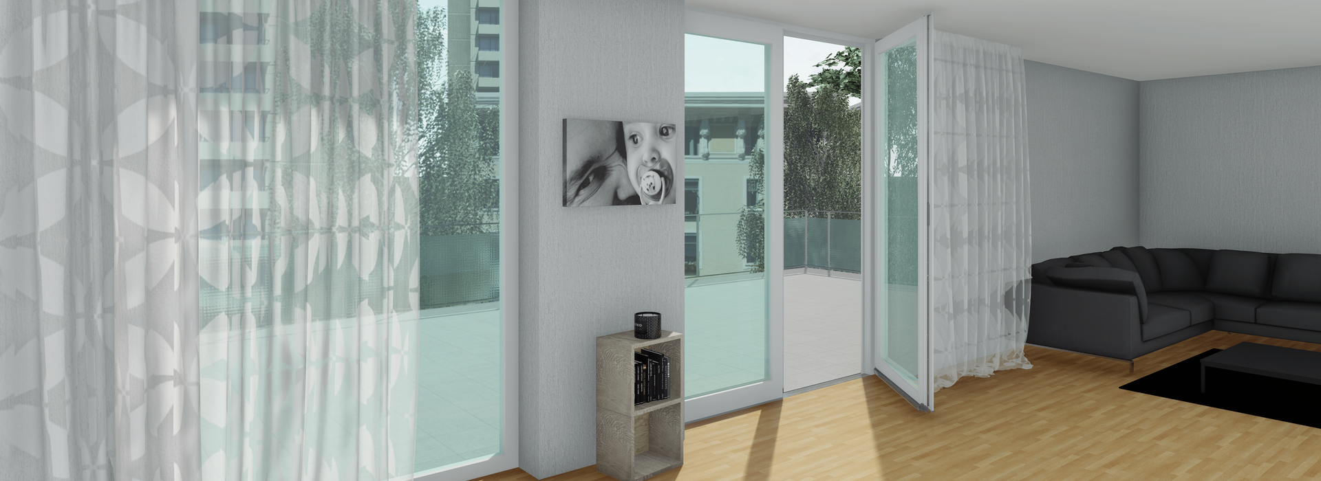 Offene Balkontür in modernem Wohnzimmer mit Holzfußboden