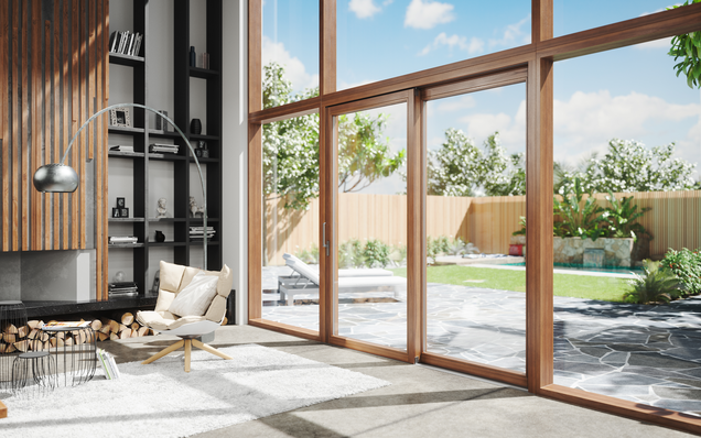 Moderner Wohnraum mit manuell betätigtem Hebeschiebe-Element Moderner Wohnraum mit manuell betätigtem Hebeschiebe-Element aus Holz, Schiebeflügel geschlossen