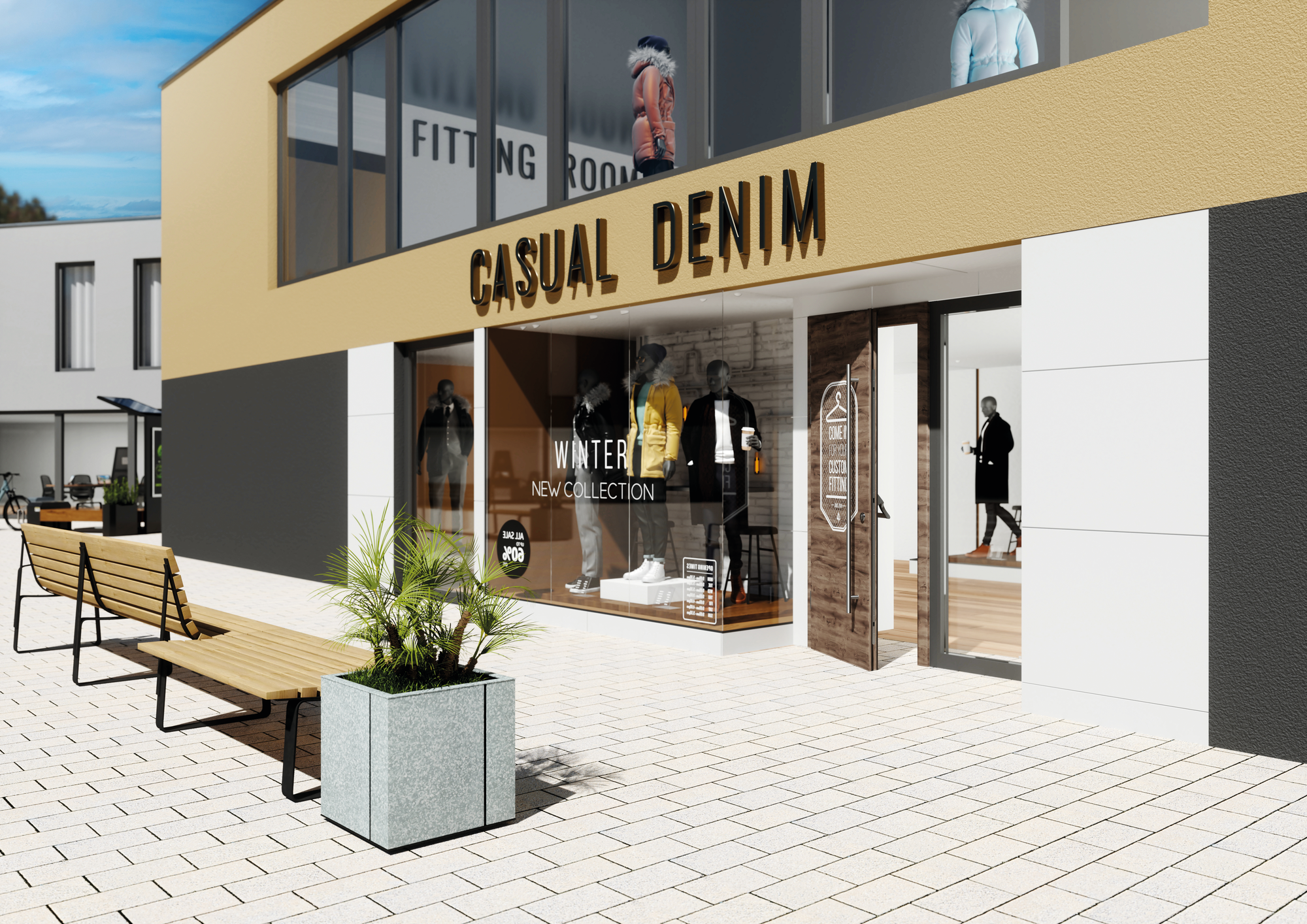 Eingangstür Ladengeschäft aus Holz mit Verschlusssystem GU SECURY Automatic Panik E, Tür geöffnet